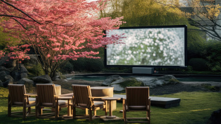 Japanese garden cinema koi pond cherry blossom trees peaceful atmosphereの素材