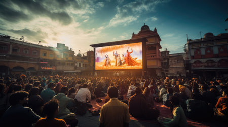 Cinematic celebration in a bustling market square with dancers, musicians and diverse traditions. Lively and stimulating sceneの素材