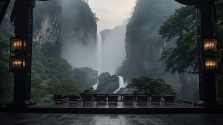 Cinema above a waterfall with cascading water and mist-covered cliffs. Natural wonder and breathtaking cinematic experienceの素材
