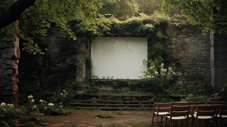 Outdoor cinema in a secret garden with enchanting flora and ancient stone walls. Whimsical and captivating sceneの素材