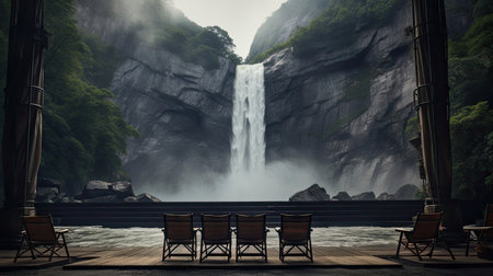 Cinema above a waterfall with cascading water and mist-covered cliffs. Natural wonder and breathtaking cinematic experienceの素材