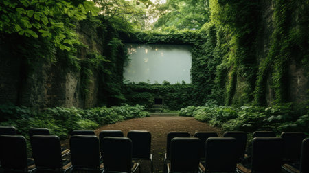 Outdoor cinema in a secret garden with enchanting flora and ancient stone walls. Whimsical and captivating sceneの素材