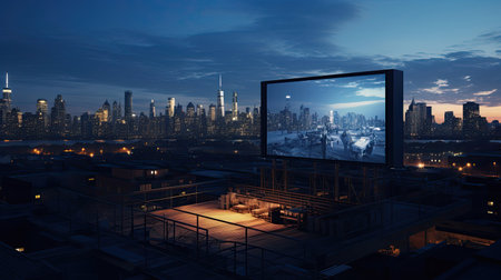 Urban rooftop film setup industrial vibe city skyline panoramaの素材