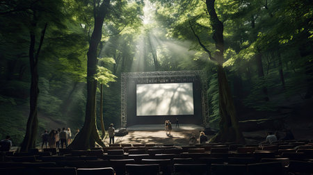 Treetop cinema in old forest screen amidst nature's canopyの素材