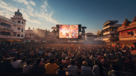 Cultural festival cinema with vibrant crowd and traditional celebrationの素材