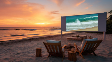 Outdoor movie on white beach sea waves and sunset in backgroundの素材