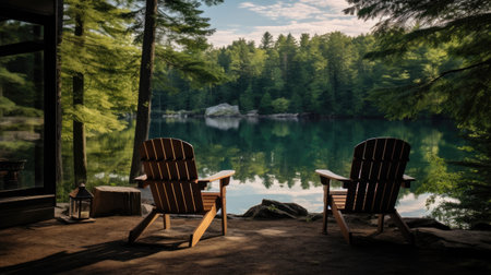 Lakeside cinema with screen reflection in calm water tranquil natureの素材