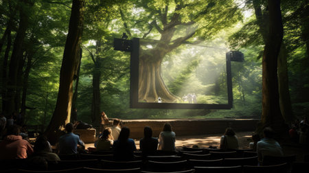 Ancient forest cinema setup high in trees with dappled sunlightの素材