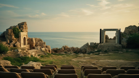 Ancient Greek cinema in amphitheater sea backdrop mythical auraの素材