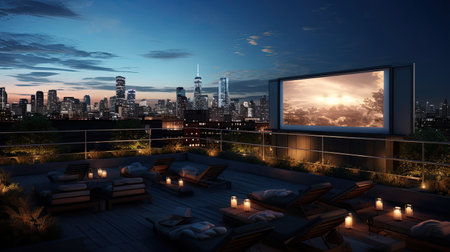 Chic Rooftop Film Night Urban Scenery Modern Lounge Areaの素材