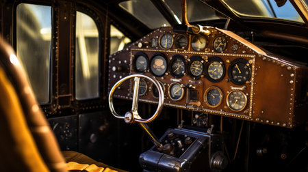 Vintage biplane cockpit with brass gauges mahogany paneling and warm sunlightの素材