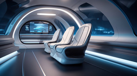 Futuristic hyperloop capsule with silver-blue seating white lighting and dark gray flooringの素材