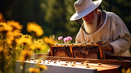 Beekeeper in Santa hat tends bees in wild meadowの素材