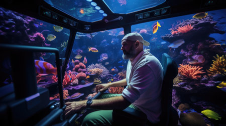 Marine biologist in Santa hat observes coral reef from research vesselの素材