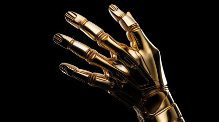 Gold robotic hand poised for peace sign in sophisticated settingの素材