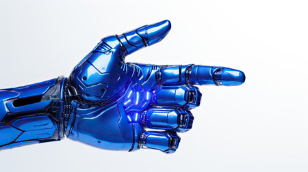 Cobalt blue robotic hand points confidently in a white studioの素材