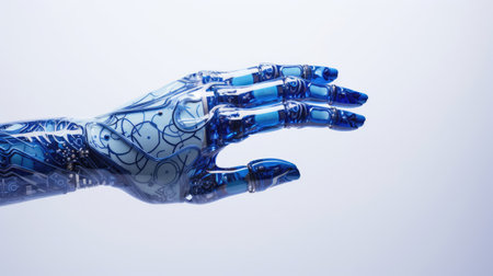 Captivating blue hand with light patterns in positive gestureの素材