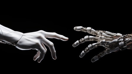 White robotic hand in captivating arm-wrestling duel exuding precisionの素材