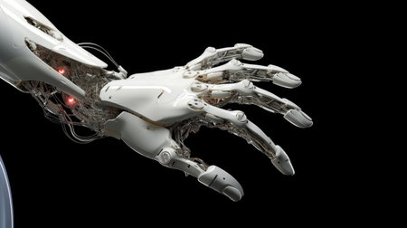 White robotic hand in arm-wrestling match reflecting precision and strengthの素材