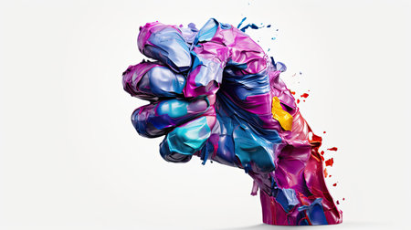 Futuristic robotic fist in impactful fist bump against white backgroundの素材