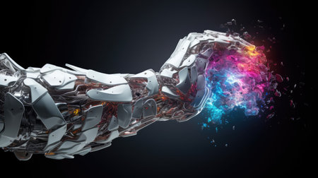 Intense collision of iridescent robotic fist with human fistの素材