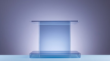 Clear acrylic podium muted periwinkle backdrop for tech accessoriesの素材