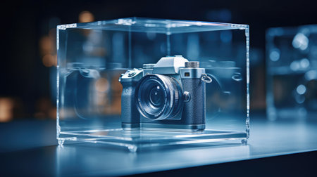 Glass display with sharp edges indigo for tech accessory showcaseの素材