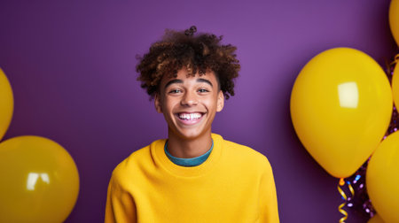 Teenager in violet bright yellow backdrop high-res camera imageの素材