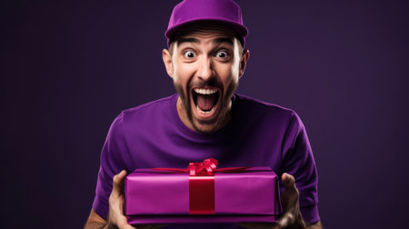 Young man vibrant magenta top dynamic purple setting sharp imageの素材