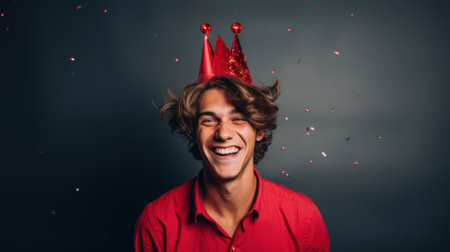 Cheerful young man fiery red attire dynamic turquoise backgroundの素材