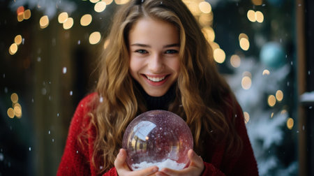 Joyful girl in magenta turquoise background holding summer snow globeの素材