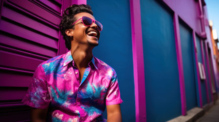 Cheerful male radiant indigo attire lively magenta backgroundの素材
