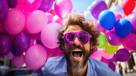 Teen girl orchid dress lime green background holding balloonsの素材