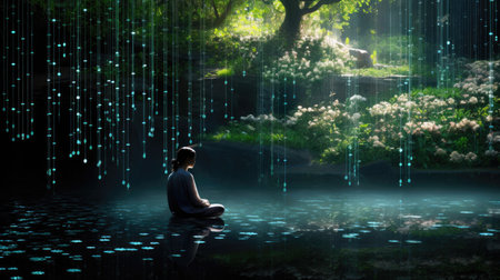 Serene digital garden glowing encryption flora lone cyber guardian's careの素材