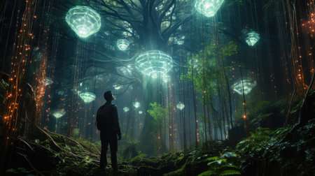 Surreal neon forest representing network lone cyber sentinel standing guardの素材