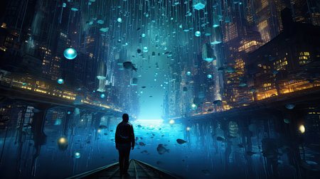 Surreal aquatic cyber world cyber diver navigates encrypted information fishの素材