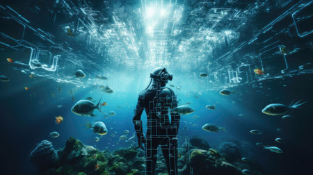 Underwater cyber metropolis explorer navigates encrypted marine lifeの素材