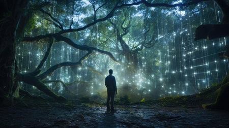 Ancient forest with cyber flora solitary figure nature and cybersecurityの素材