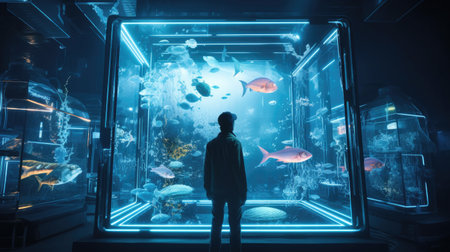 High-tech underwater lab with a solitary cyber explorer among digital fishの素材