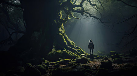 Ancient trees with security symbols in enchanted forest guarded by a cyber druidの素材