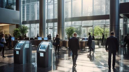 Modern office lobby with employees at security turnstiles displaying cybersecurity tipsの素材