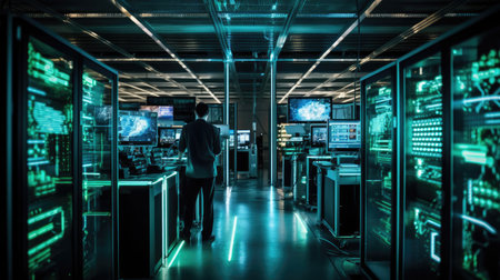 Expansive server farm control room with real-time cybersecurity status displaysの素材