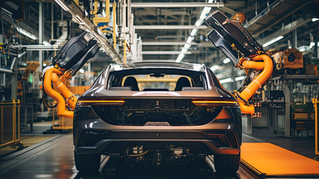 Elite car manufacturing hub highlighting the fusion of technology and securityの素材