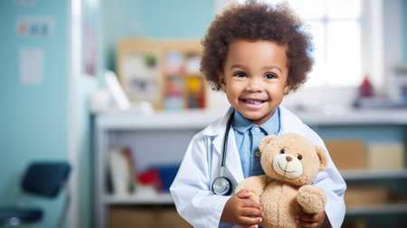 Kind pediatrician with plush toy creating a comforting atmosphere for young patientsの素材