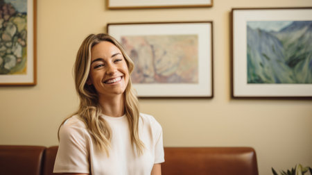 Counselor's portrait in calming setting embodying reassurance in mental healthcareの素材