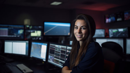 Smiling EMT dispatcher in response center symbolizing calm in crisis managementの素材