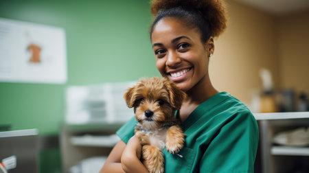 Veterinary technician portrait exuding compassion in animal clinic settingの素材