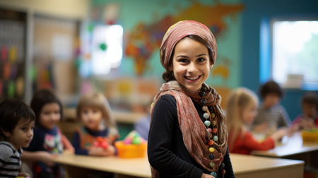 Cheerful early education teacher encouraging growth and play in young learnersの素材