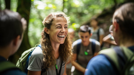 Educator in nature reserve conveying excitement of ecological field educationの素材