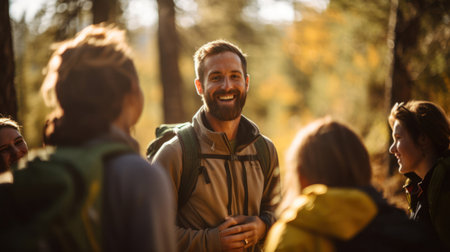 Passionate teacher in outdoor class conveying love for nature and field educationの素材